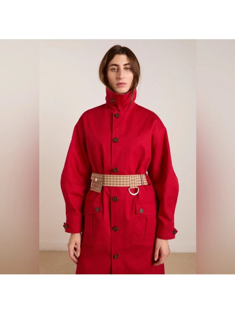 Damson Madder Reversible Red and Tan Check Women's Trench Coat oversized - Picture 7 of 16